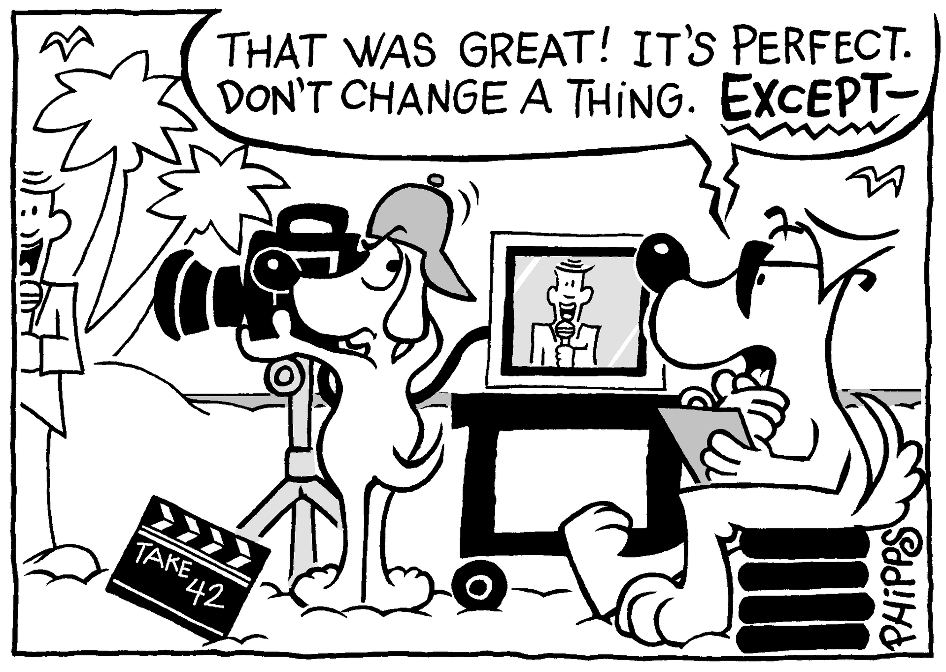 A black and white cartoon of a dog taking a picture with a camera.
