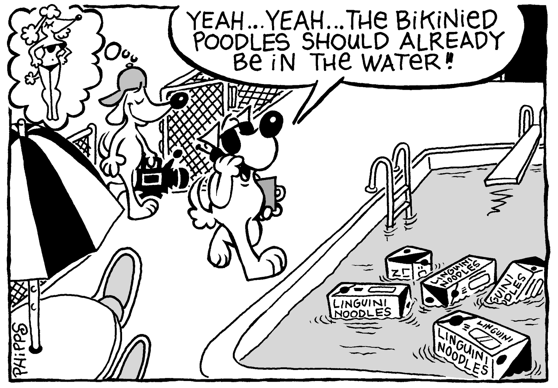 A black and white cartoon of a dog talking to a woman