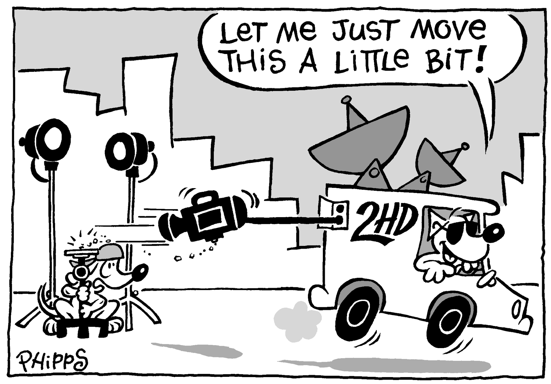 A black and white cartoon of a dog driving a 2nd hd truck