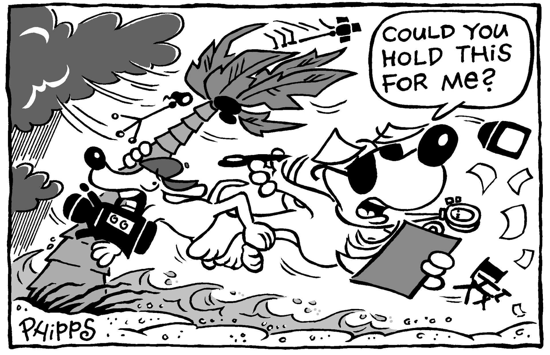 A black and white cartoon of a dog asking could you hold this for me