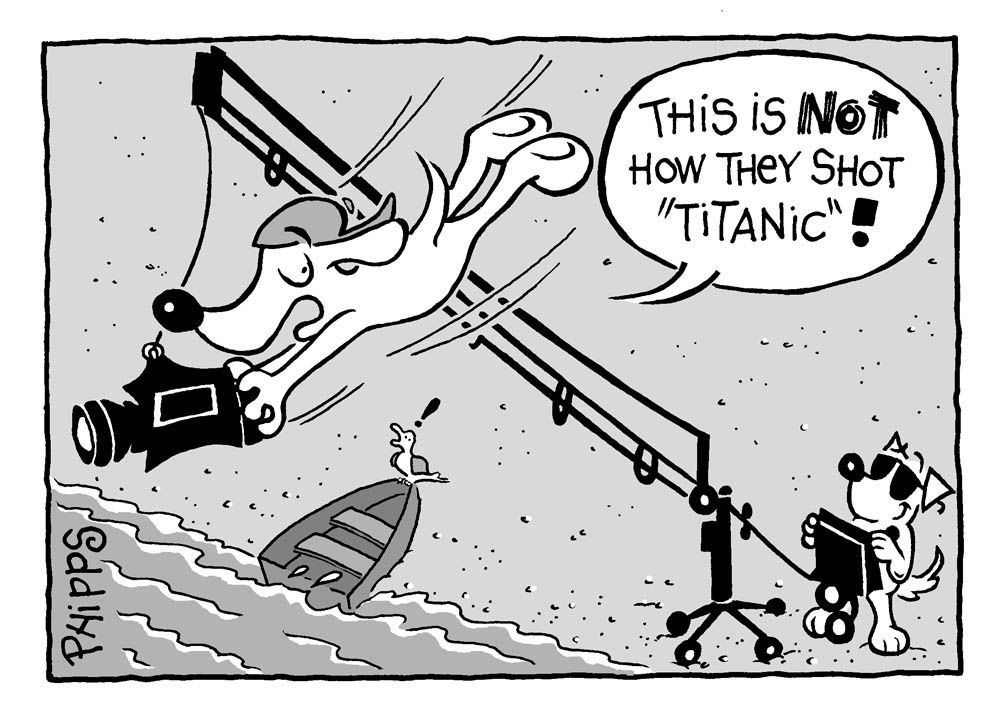 A cartoon of a dog taking a picture of a boat says this is not how they shot titanic