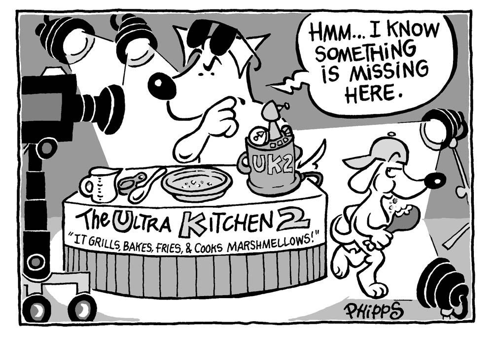 A cartoon of a dog standing in front of a table that says the ultra kitchen 2