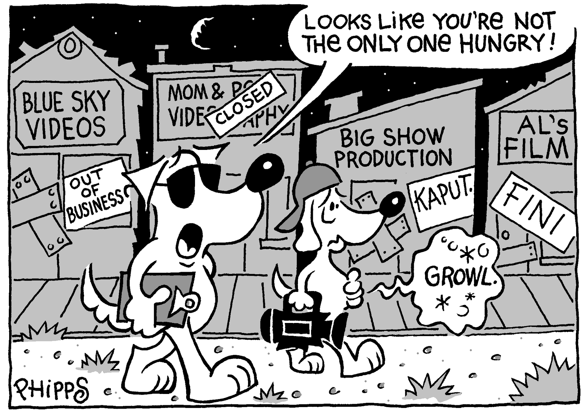 A black and white cartoon of a dog talking to another dog