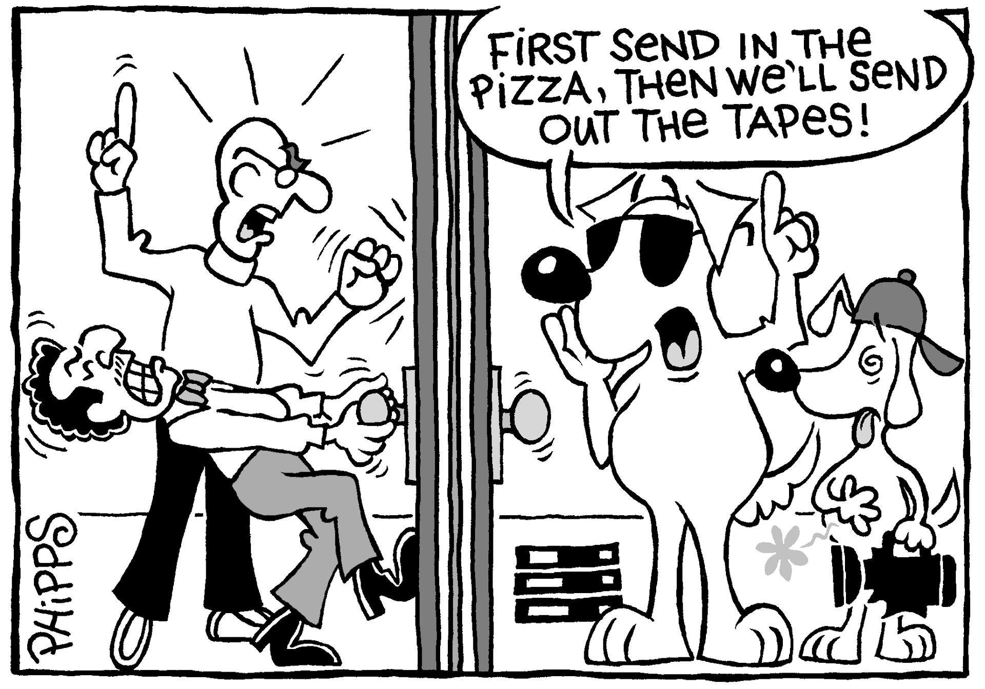 A black and white cartoon of a man and a dog talking about pizza.