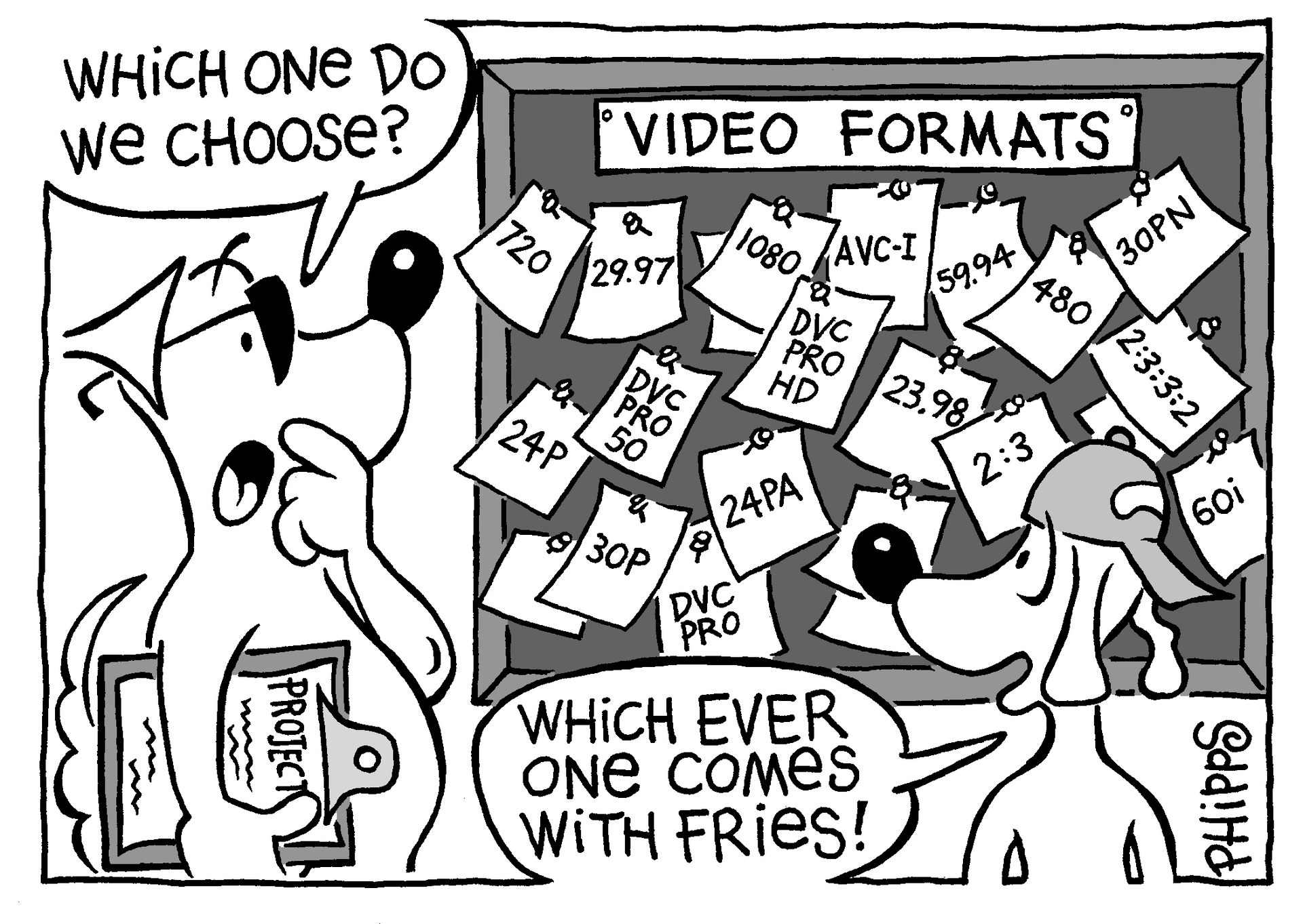 A cartoon of a dog talking about video formats