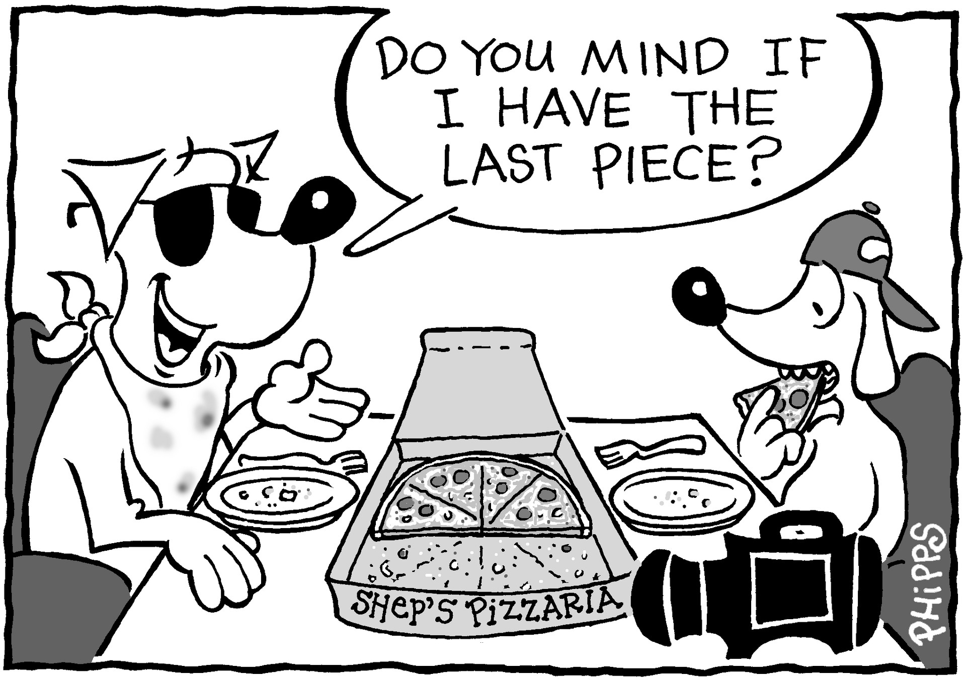 A black and white cartoon of two dogs eating pizza