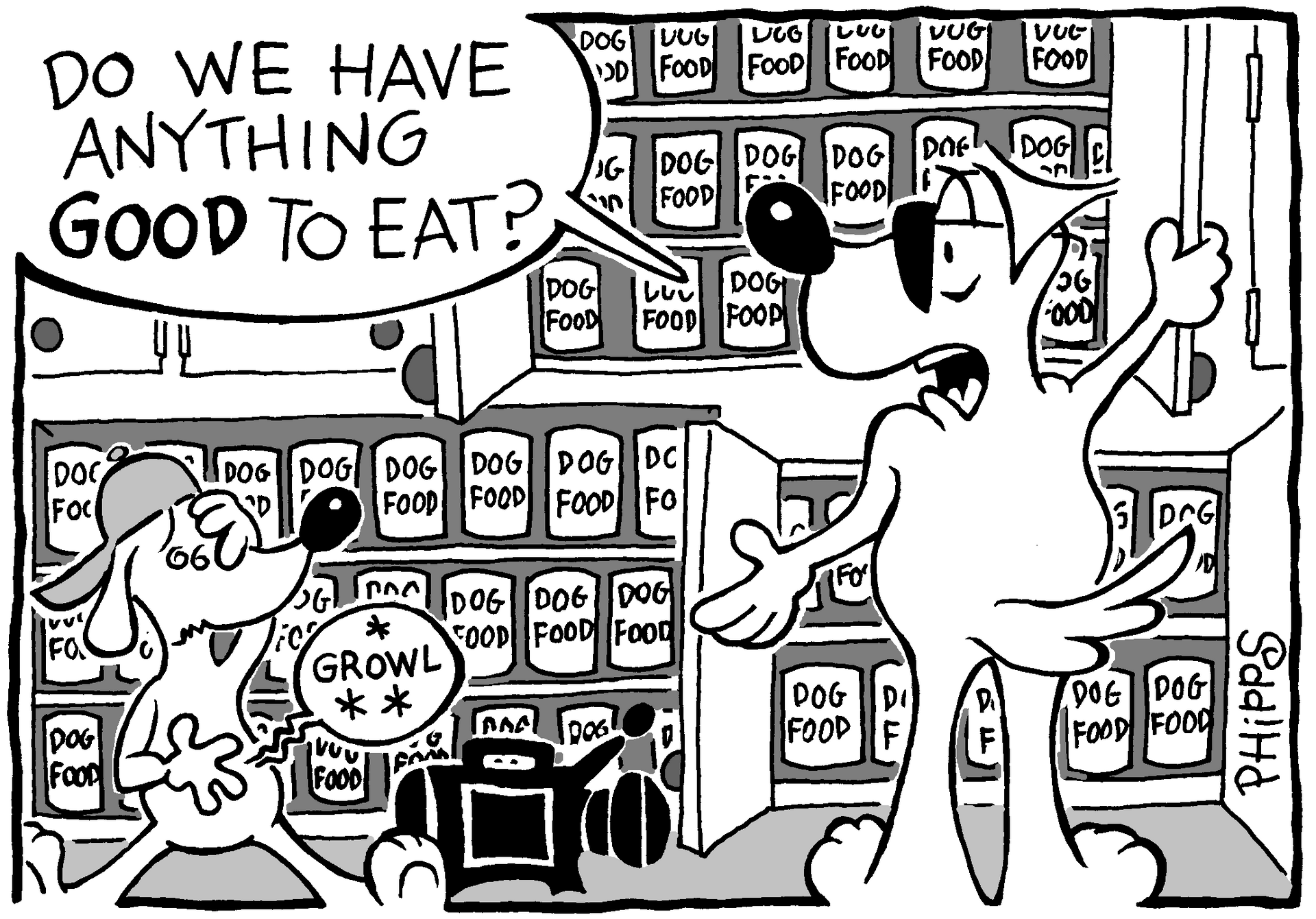 A black and white cartoon of two dogs in a dog food store.