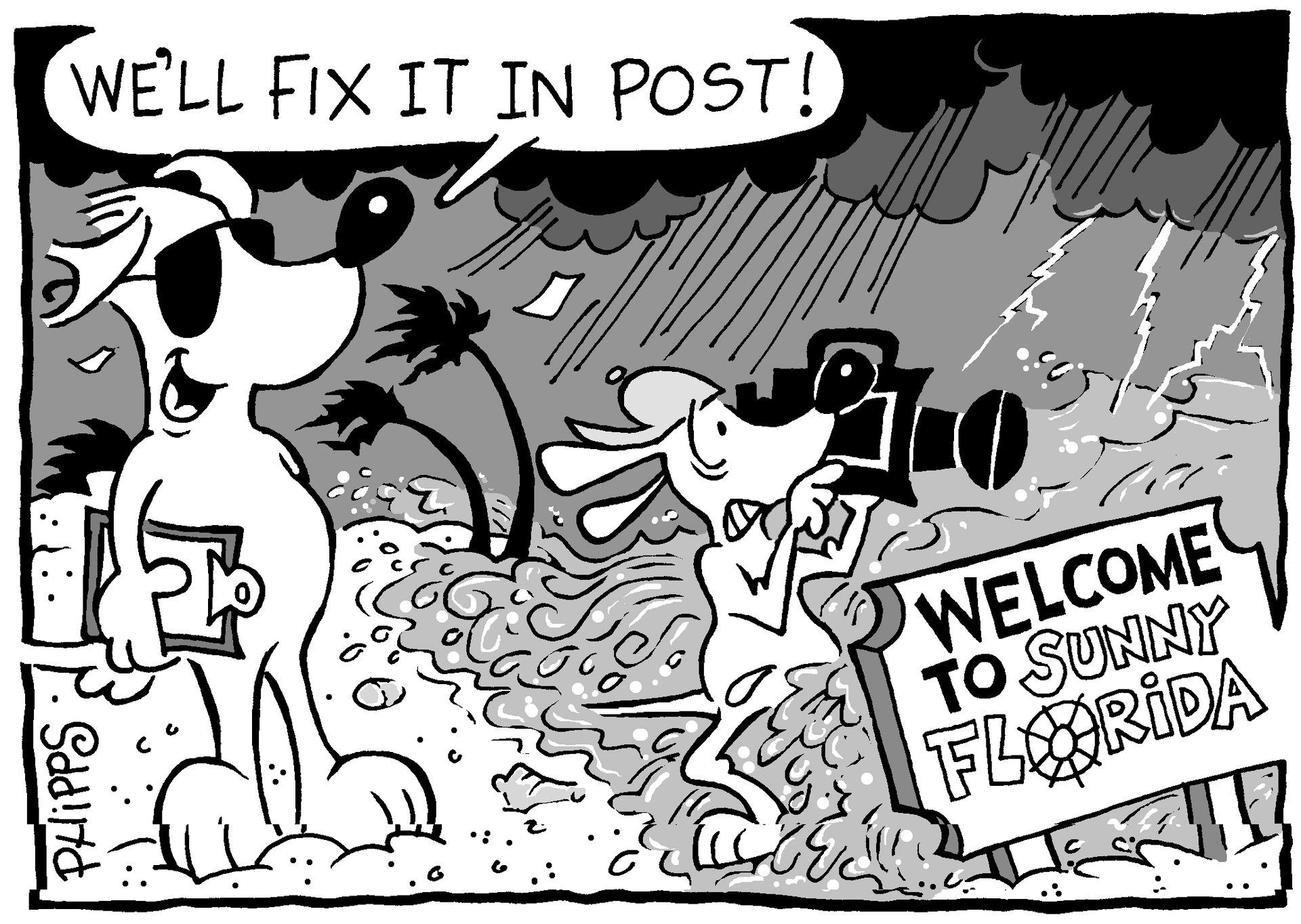 A black and white cartoon of two dogs standing next to a sign that says welcome to sunny florida