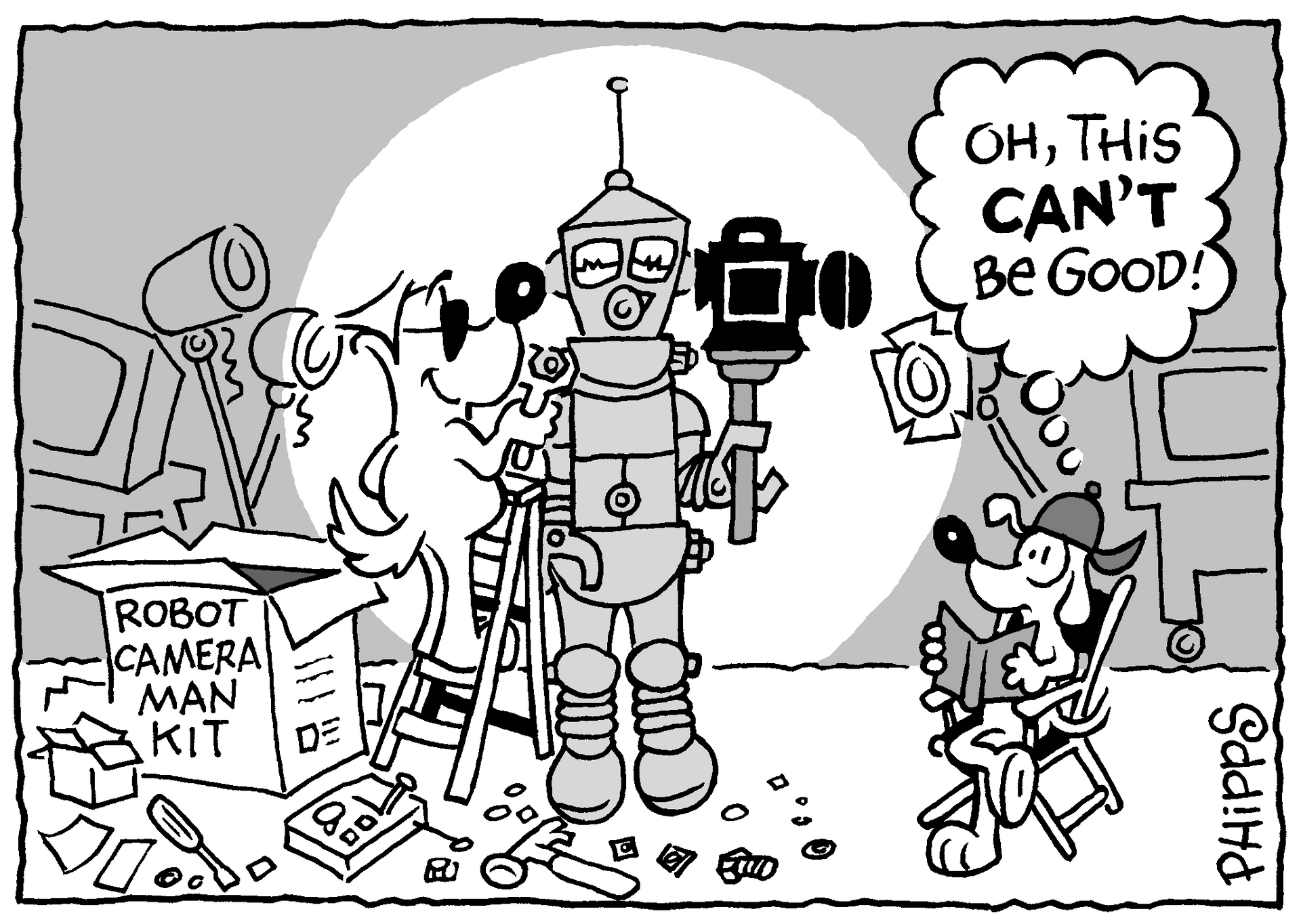 A black and white cartoon of a robot camera man kit
