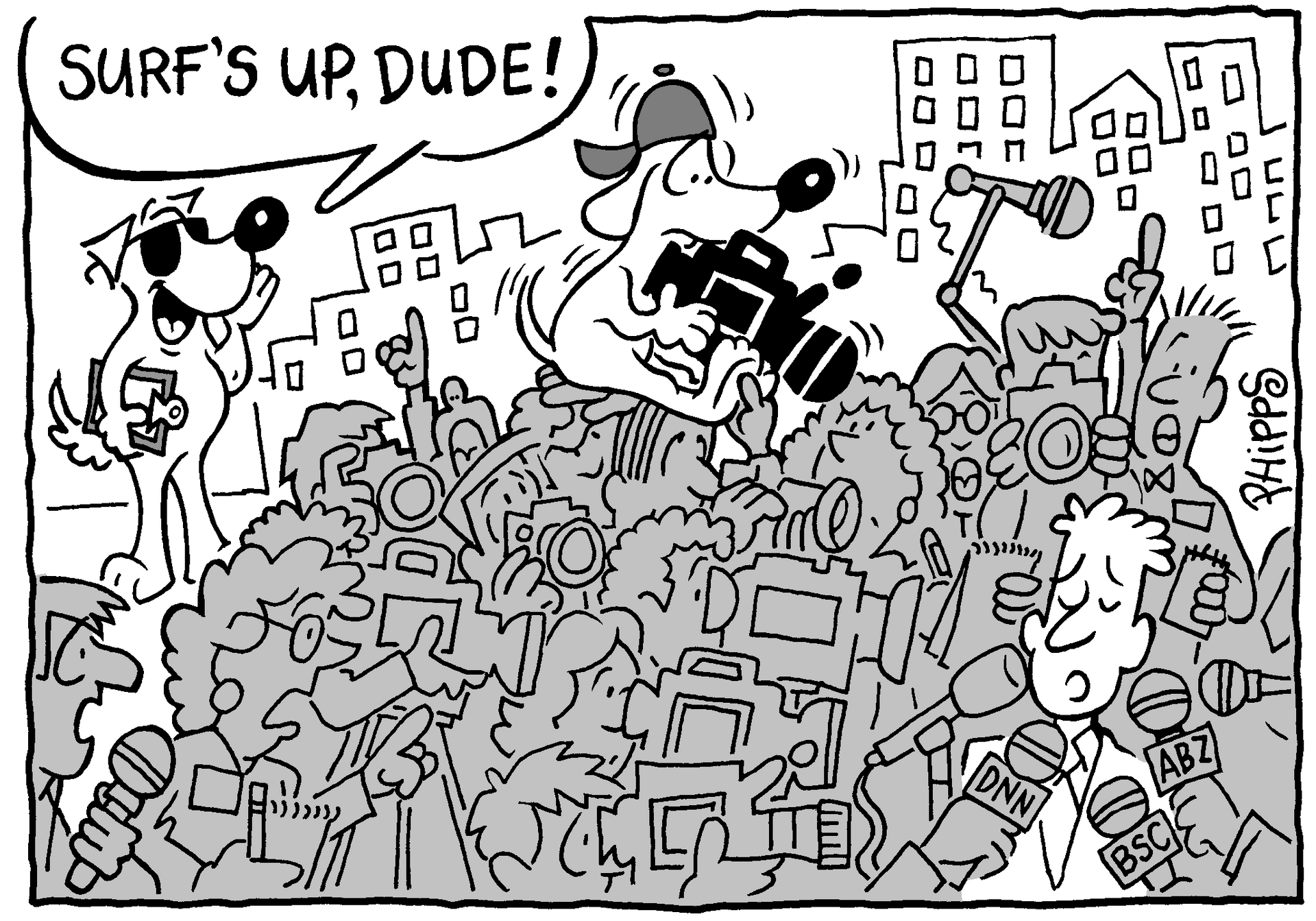 A cartoon of a man talking into a microphone with the caption surf 's up dude