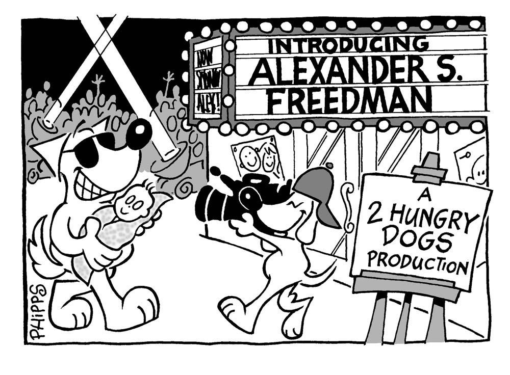 A cartoon of a dog holding a baby and a sign that says introducing alexander s. freedman