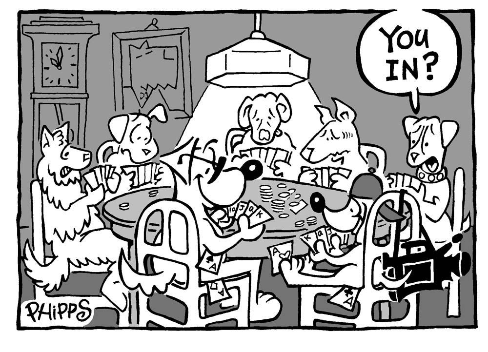 A black and white cartoon of a group of dogs playing poker.