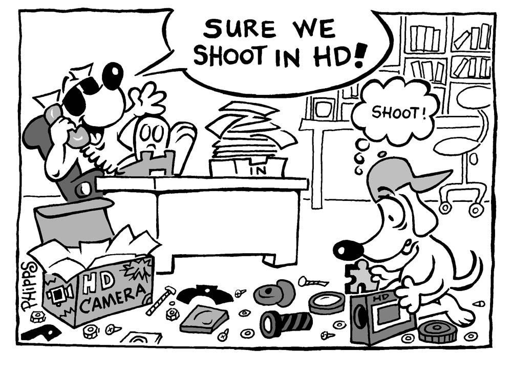 A black and white cartoon of a dog talking on a phone while another dog looks at a camera.