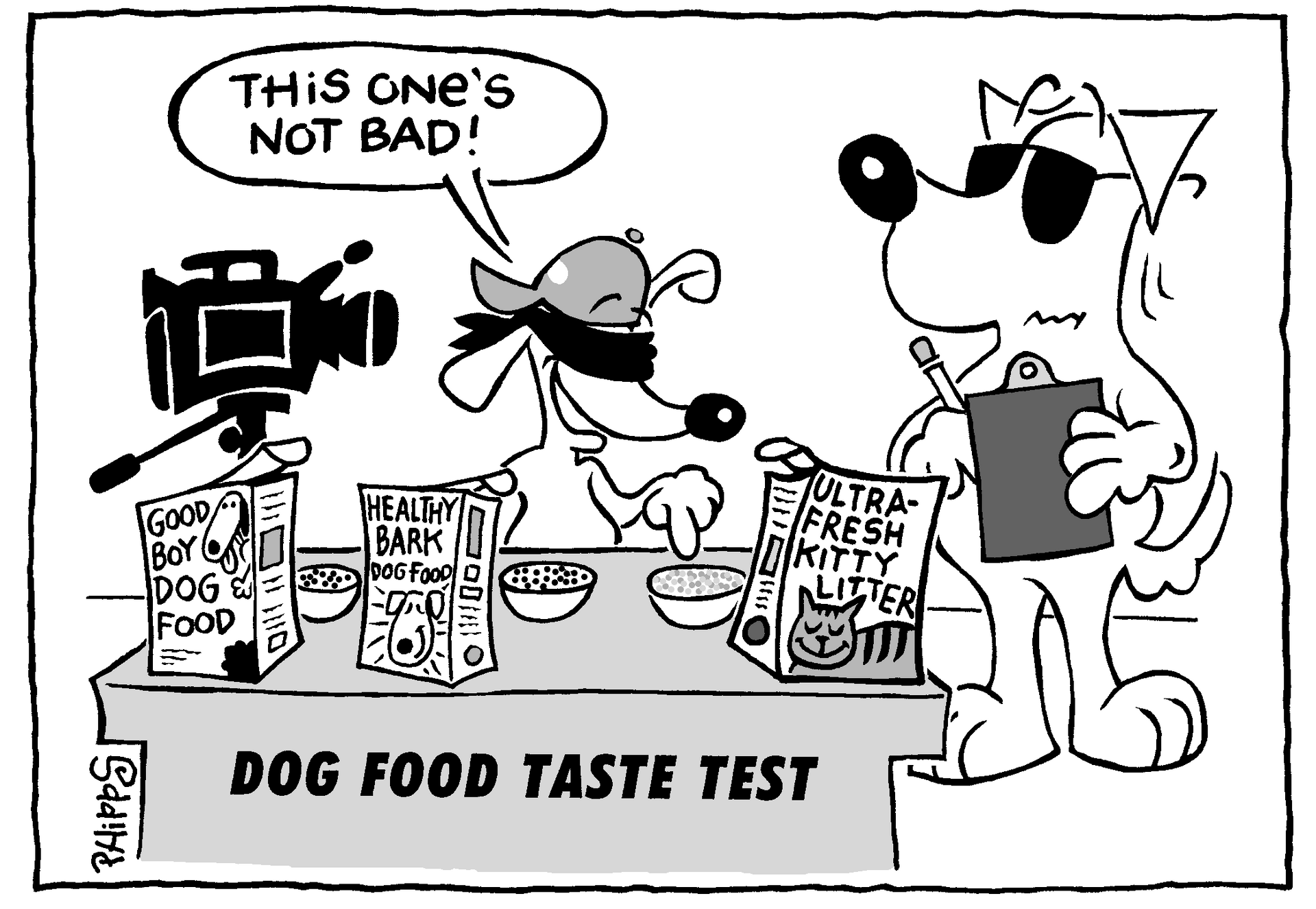A cartoon of two dogs standing next to a table with dog food on it.