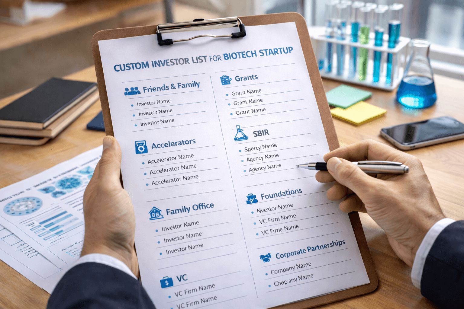 Customer investor list for biotech startup showing all the funding opportunities possible.