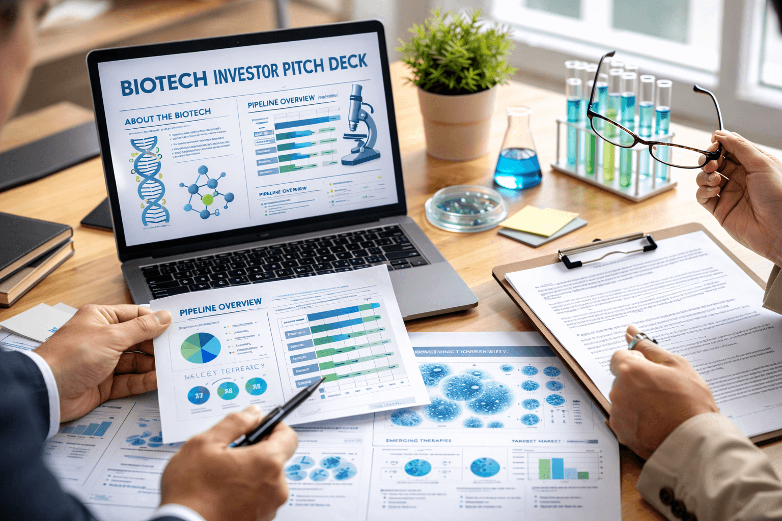 Biotech investor pitch optimization image showing a biotech investor pitch deck with people researching and going over the image. 
