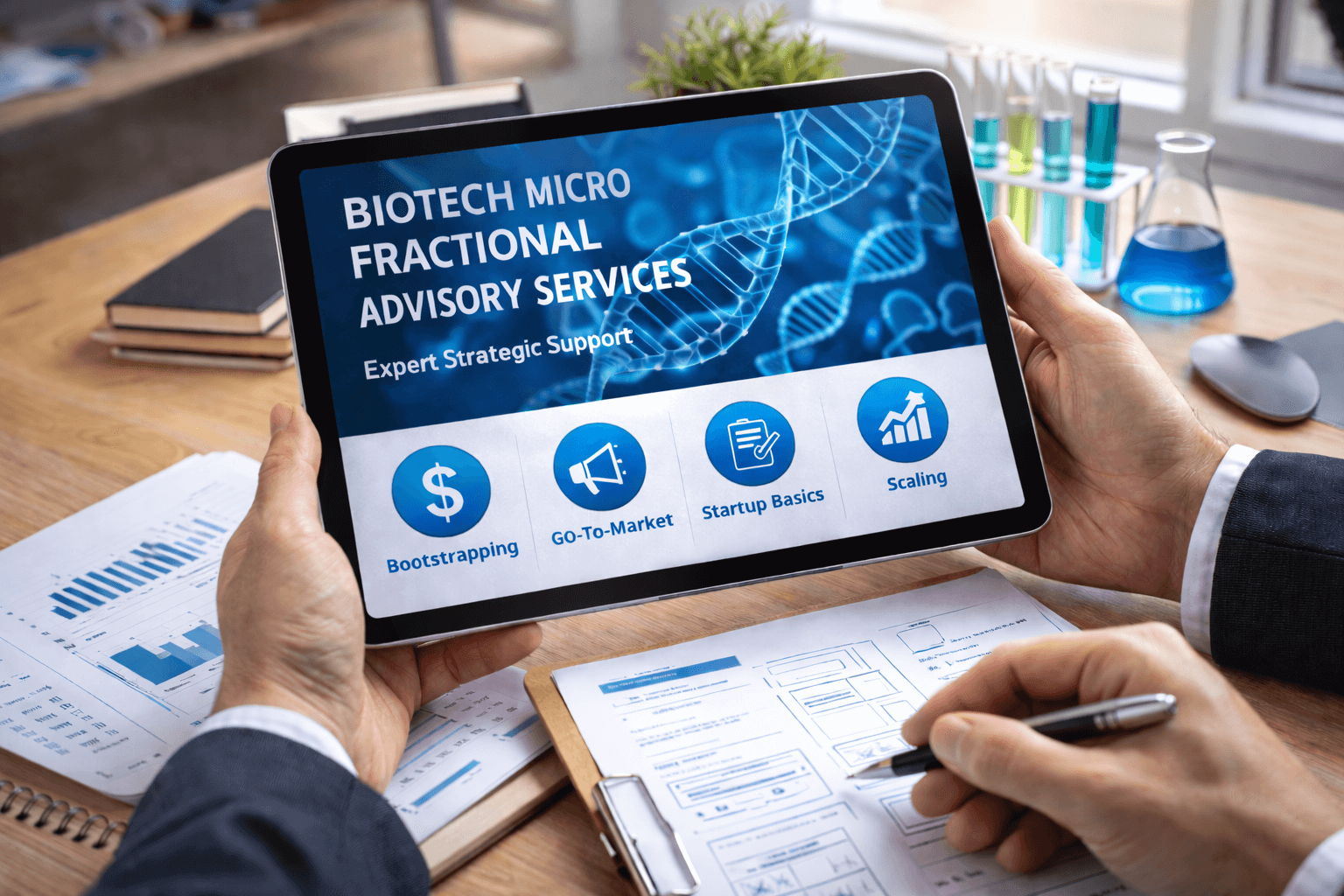 Micro fractional advisory services image showing a tablet going into the services offered from Bootstrap Your Biotech.