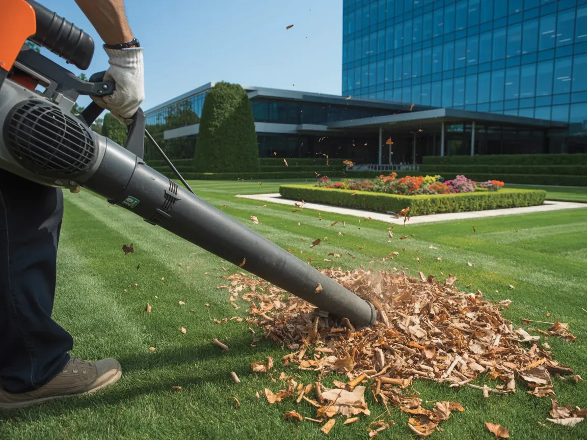 Person blowing leaves on a green lawn with a leaf blower, in front of an office building.