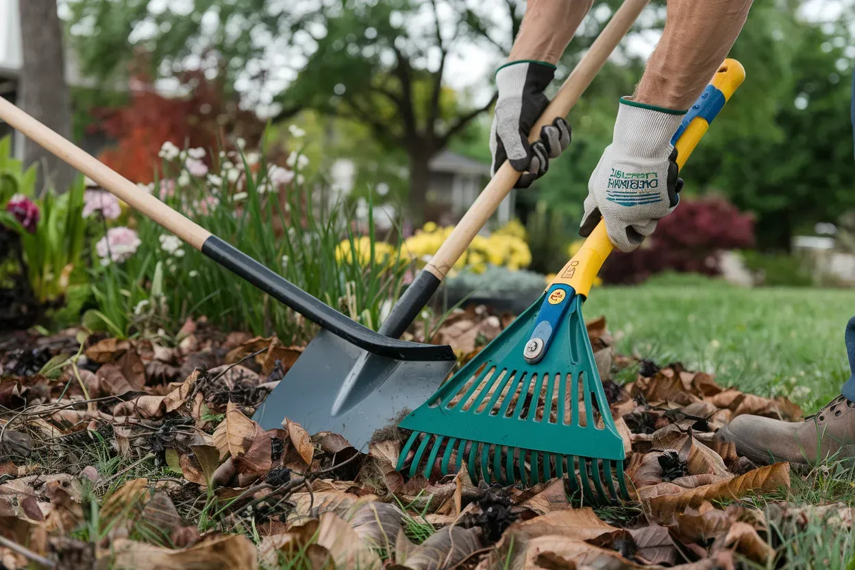 A person is raking leaves in a garden with a shovel and rake.