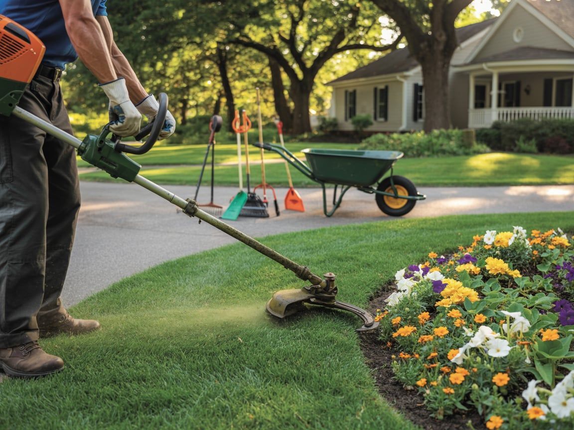 Man using a string trimmer to edge a flower bed in a residential yard.