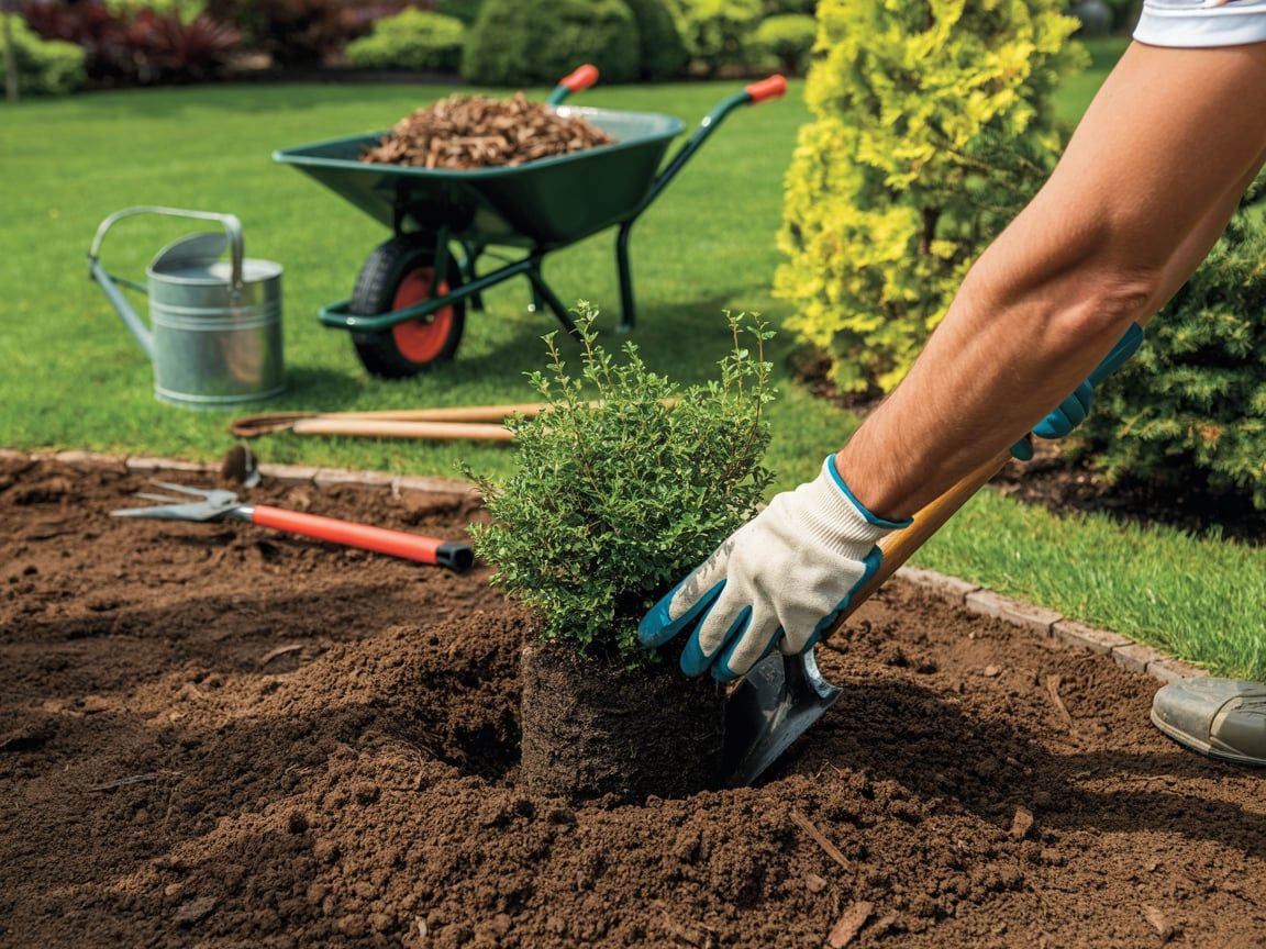 Gardener planting a shrub in dark soil, tools and wheelbarrow in the background.