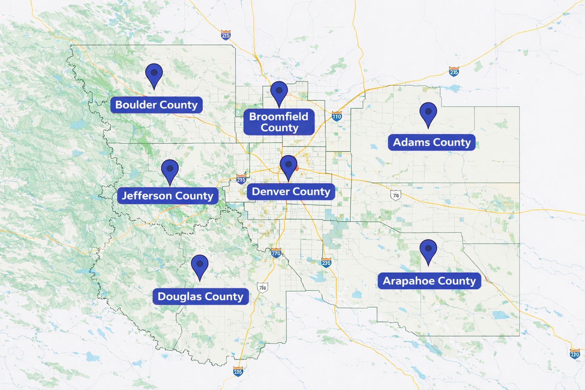 Map with red location markers and overlaid square map previews labeled with city names.