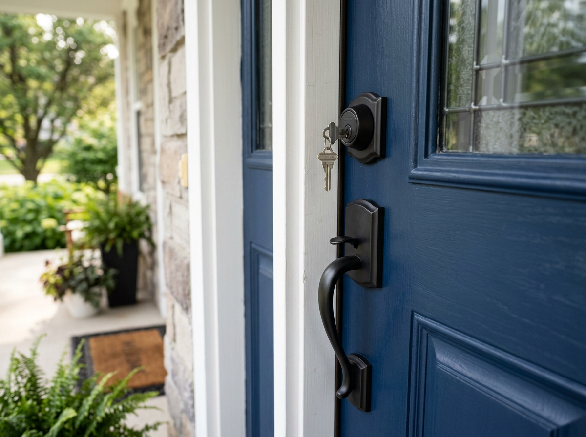 Blue front door with a black handle and keys, beside a bright entryway with potted plants outside