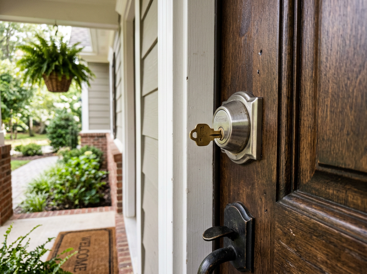 Front door with key in lock, looking out to a sunlit porch and garden path.