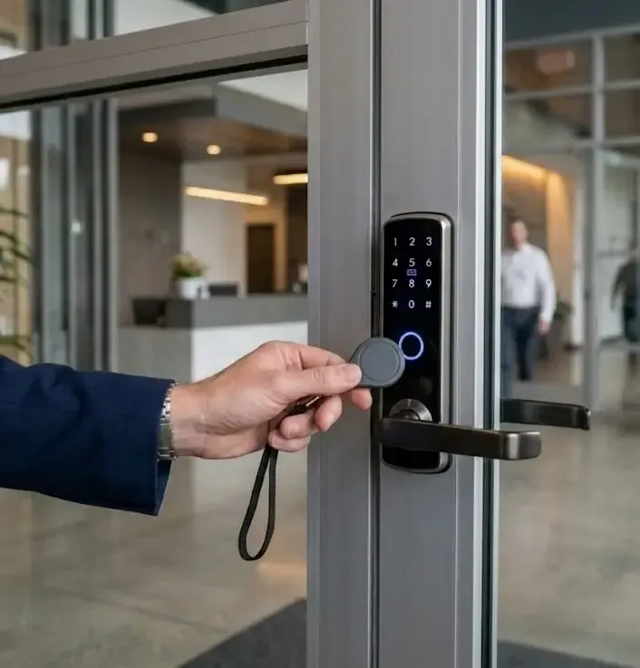Hand holding a key fob to a keypad door lock on a glass entrance door