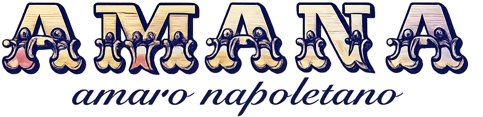 The logo for Amana amaro napoletano, featuring stylized, ornate lettering in shades of beige and dark blue.