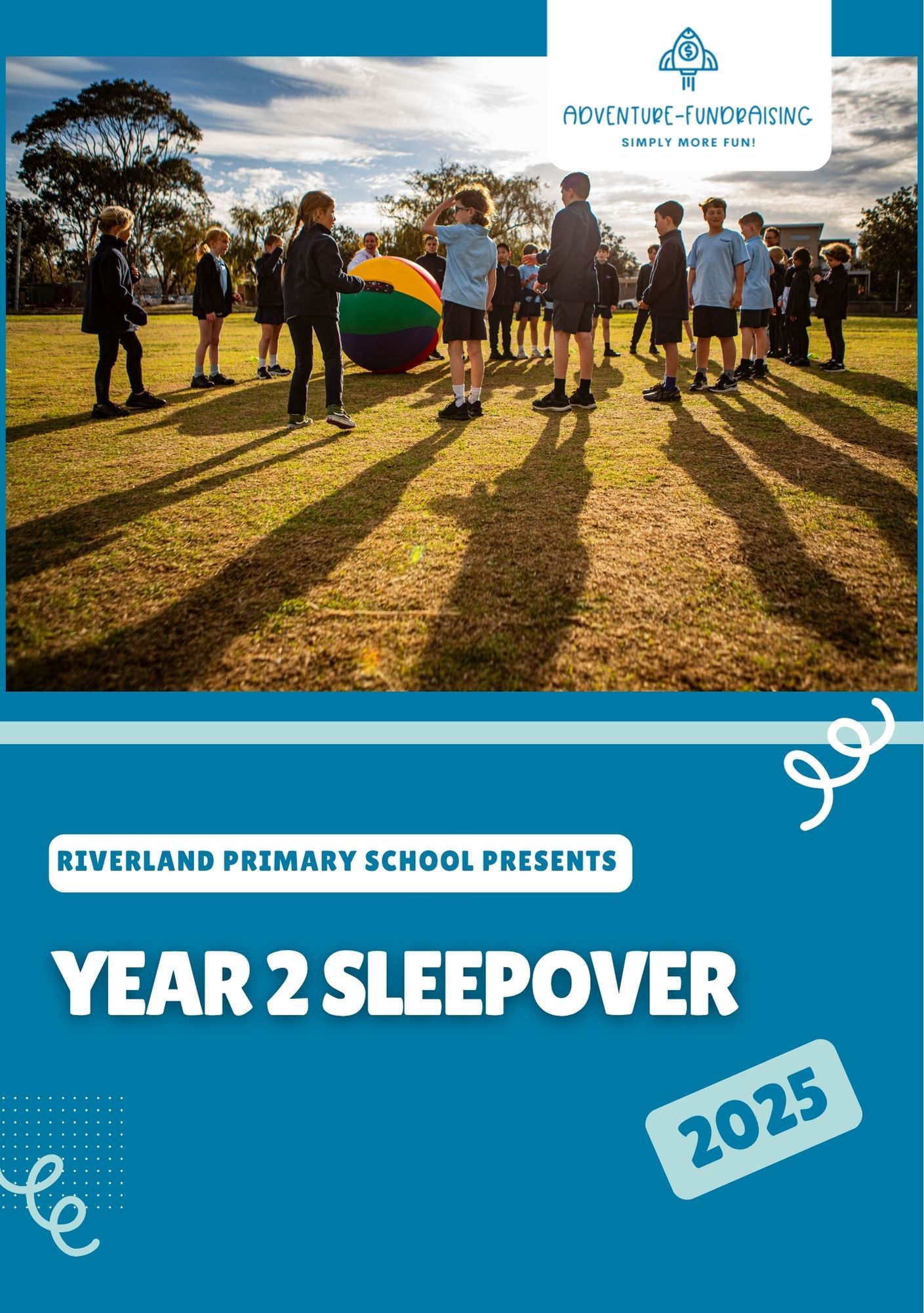 Children in a gymnasium gather for a school sleepover, with text announcing 