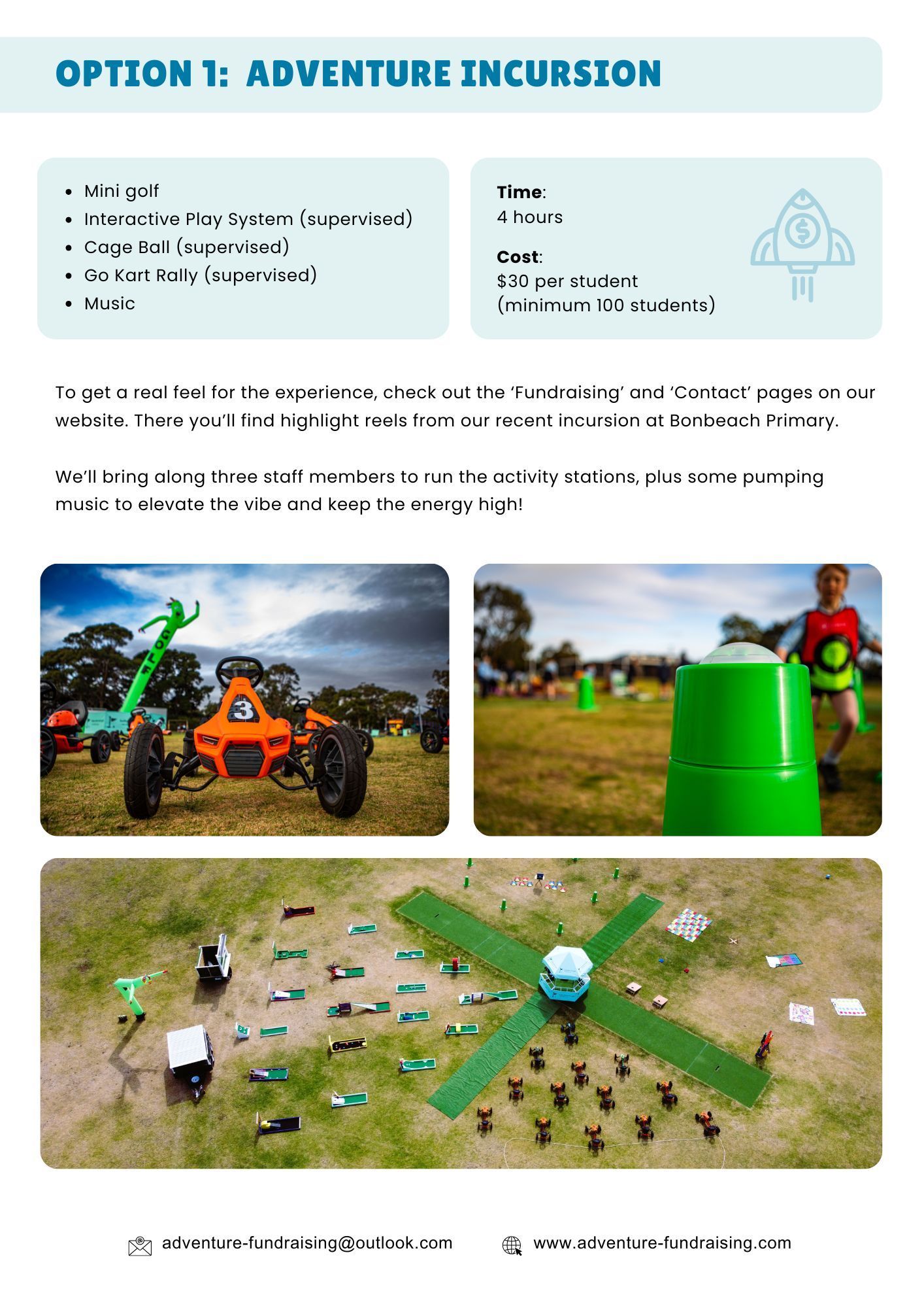 Adventure incursion flyer with photos of outdoor activities and details.