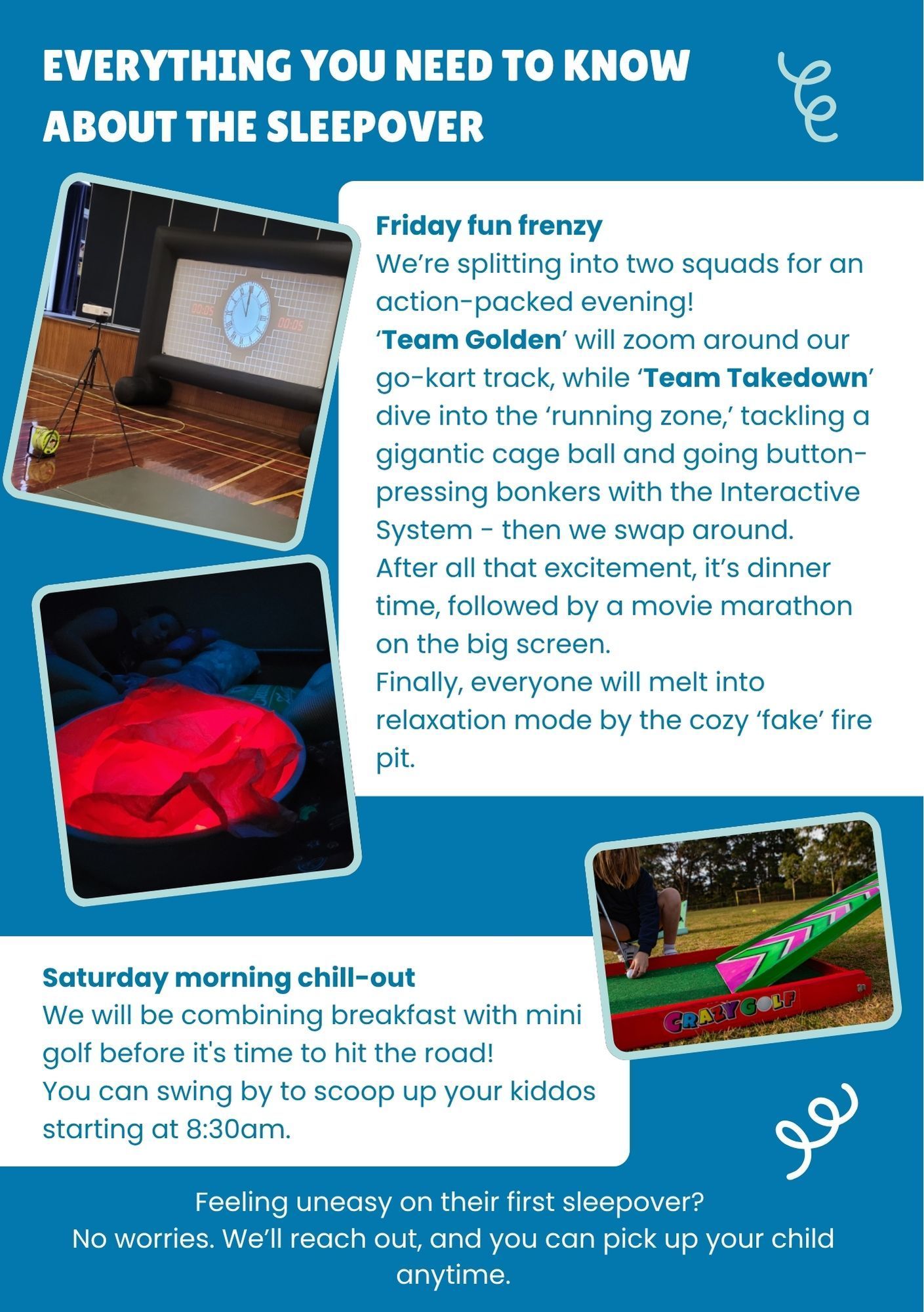 Flyer about a sleepover with popcorn, beach, and activities. Cost: $55 per child.