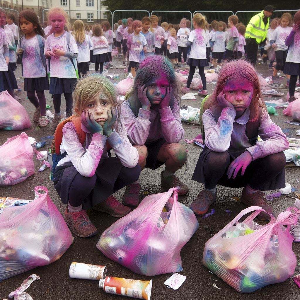 Three children, covered in colorful powder, squatting near bags. Others in background, park setting.