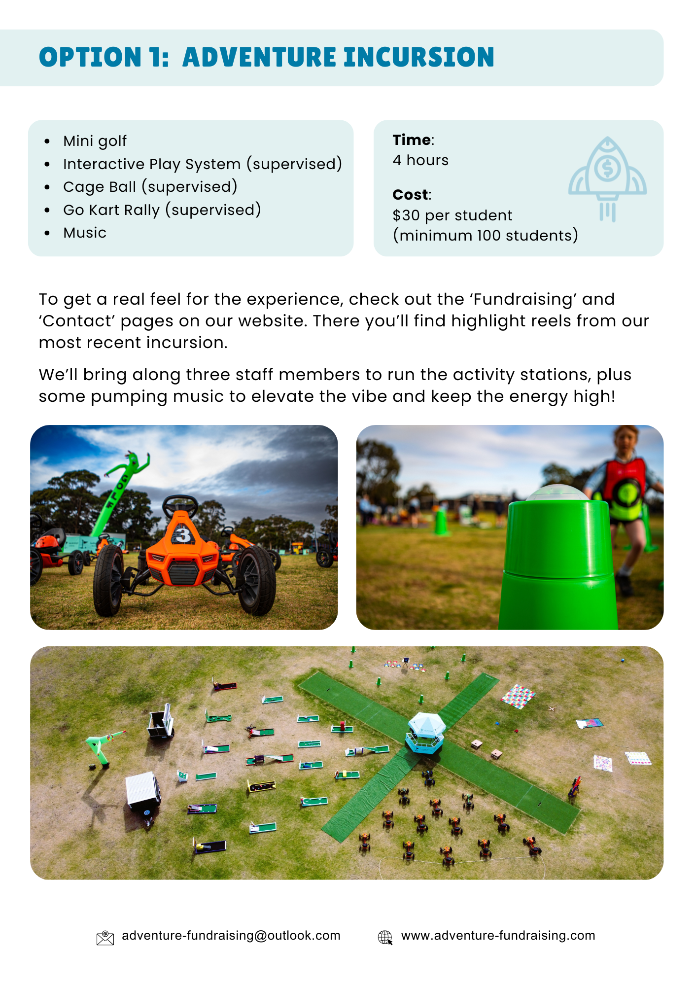 Option 1: Adventure Incursion. Contains activities like go-karts and drone courses, with images of outdoor settings.