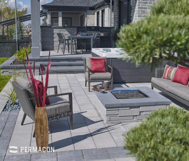 Permacon patio stones and fire place