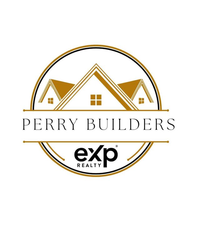 Logo for Perry Builders at eXp Realty featuring a gold house outline in a circle above the company names.