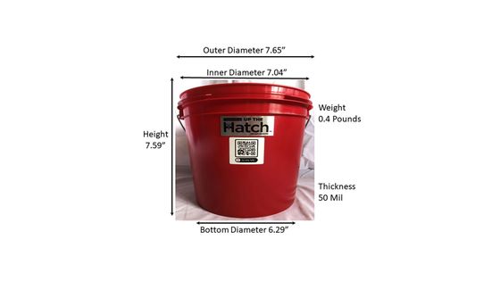 Red HATCO 5-gallon bucket with lid, shown with measurement arrows and dimensions on white background