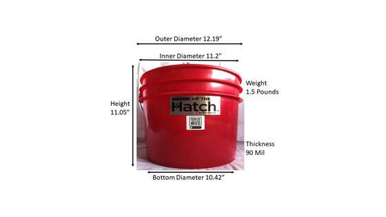 Red plastic bucket with Match logo and measurement callouts on a white background
