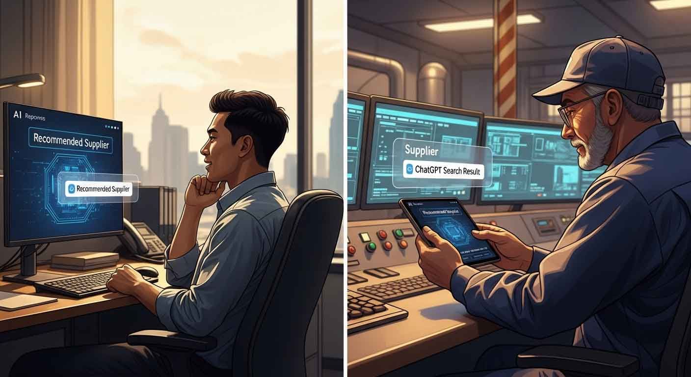Industrial procurement manager and plant superintendent reading AI-generated supplier recommendations on screen
