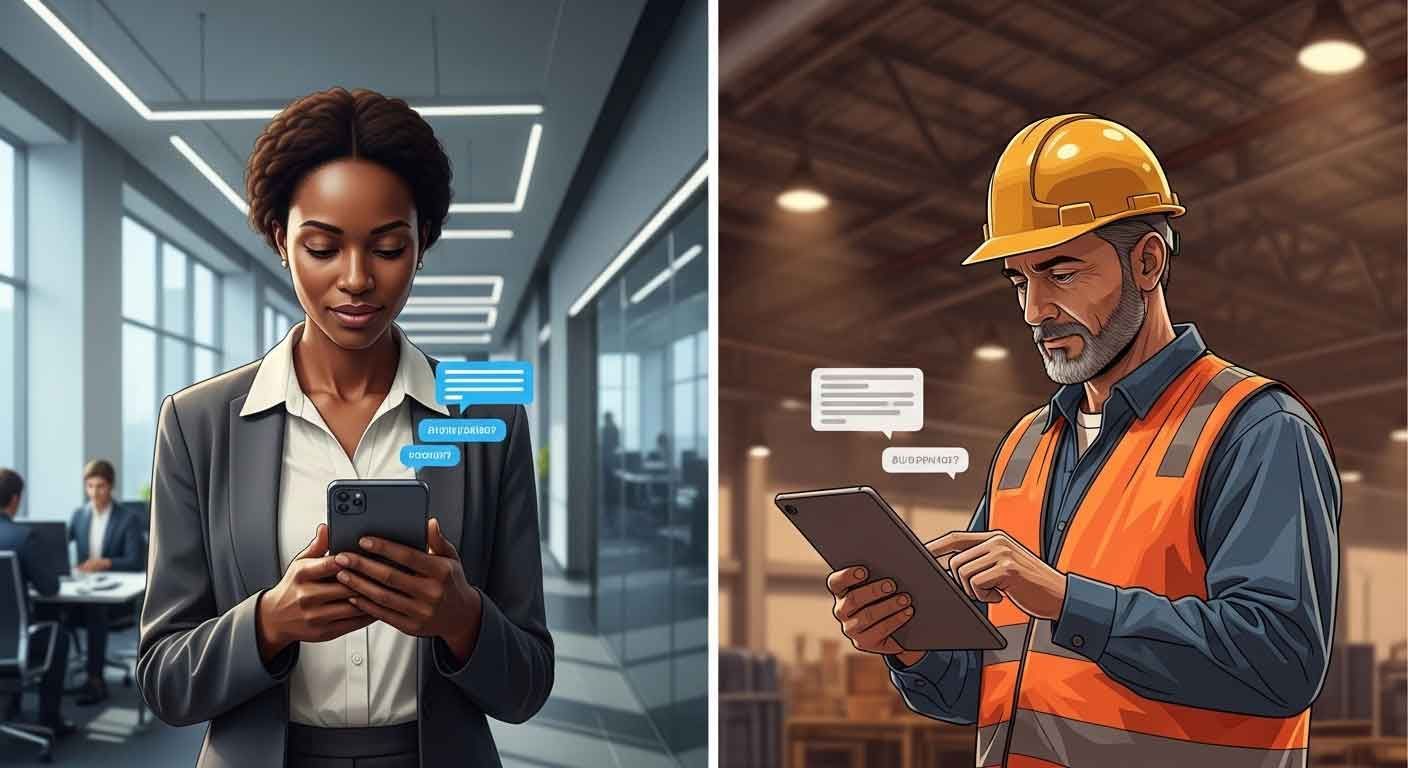 A supply chain director in a corporate office hallway and a plant supervisor on an industrial floor, both typing questions into AI assistant interfaces on mobile devices.