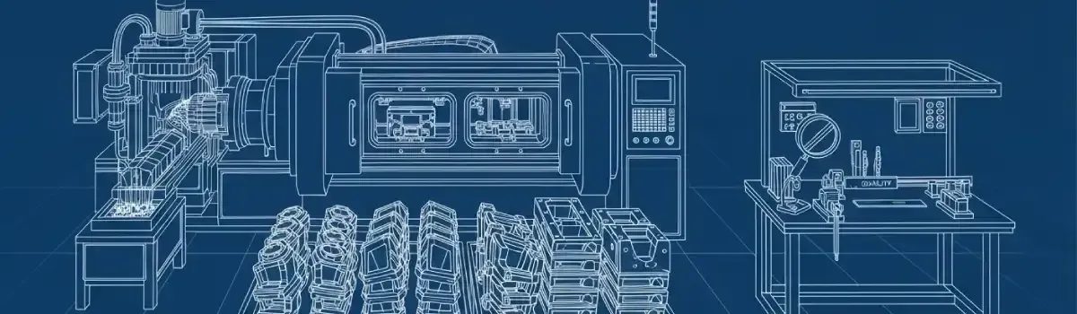 High-pressure die casting machine with molten metal injection, finished aluminum components, and quality inspection station