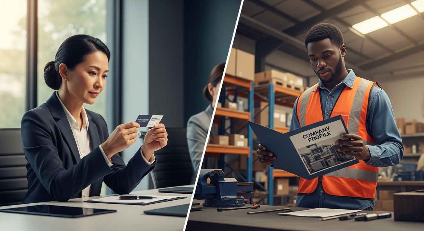 Procurement director examining supplier business card and warehouse operations supervisor reviewing company profile folder