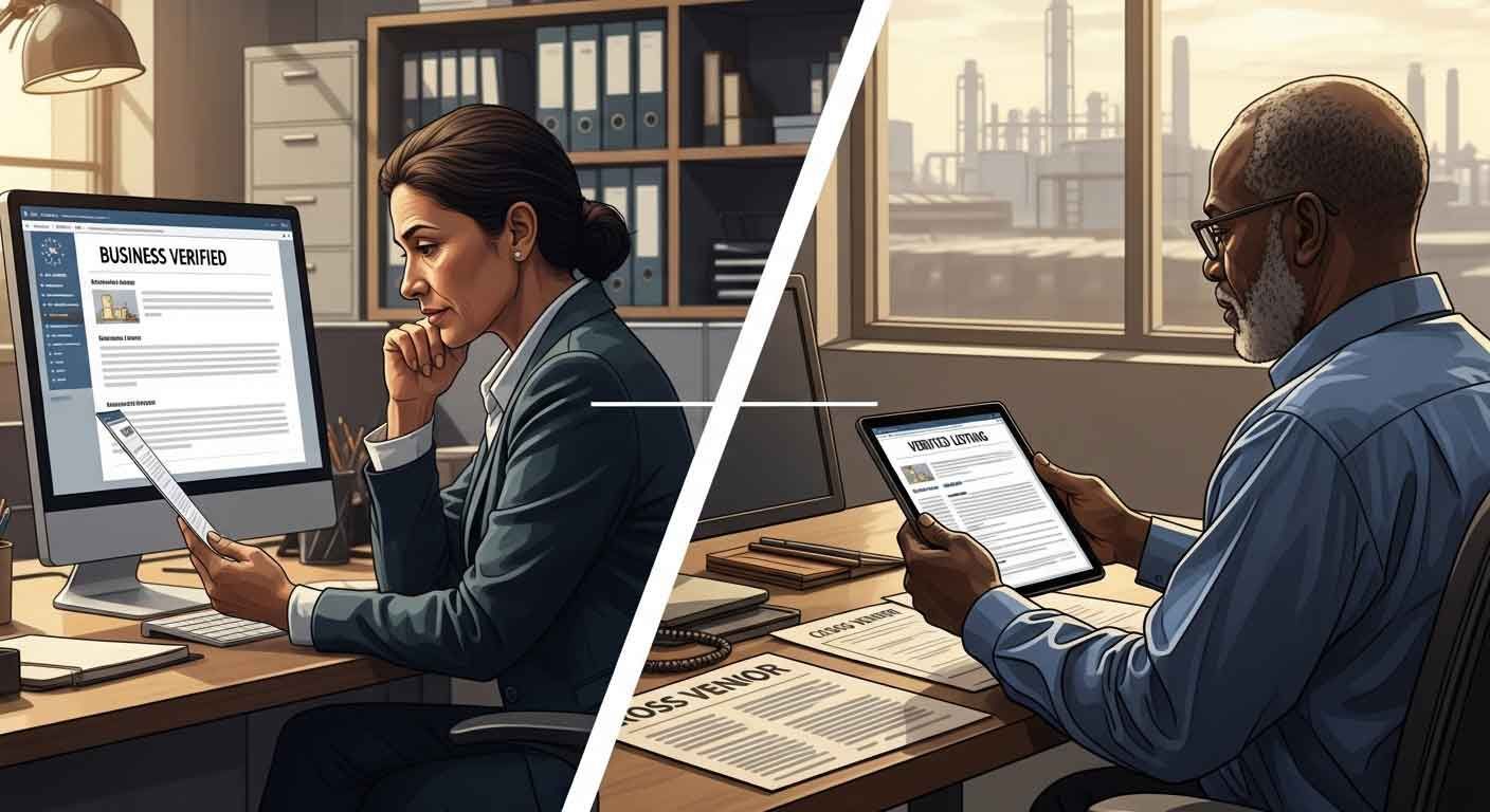 Contracts manager verifying business verified listing on desktop and procurement director cross-checking verified supplier listing on tablet