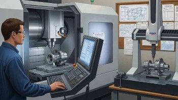 CNC machinist measuring precision aerospace component with CMM equipment, quality documentation.