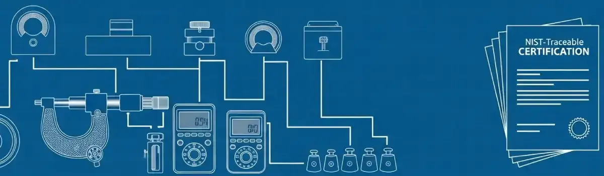 Precision measurement equipment calibration using reference standards, calibrated gauges, and NIST-traceable certification documents