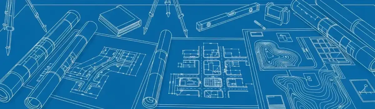Site survey equipment, construction blueprints, infrastructure drawings showing roads, utilities, and grading plans on desk