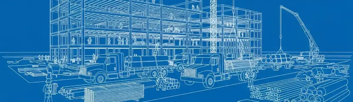 Commercial construction site showing steel framing, building materials delivery, construction crews, and project blueprints on table