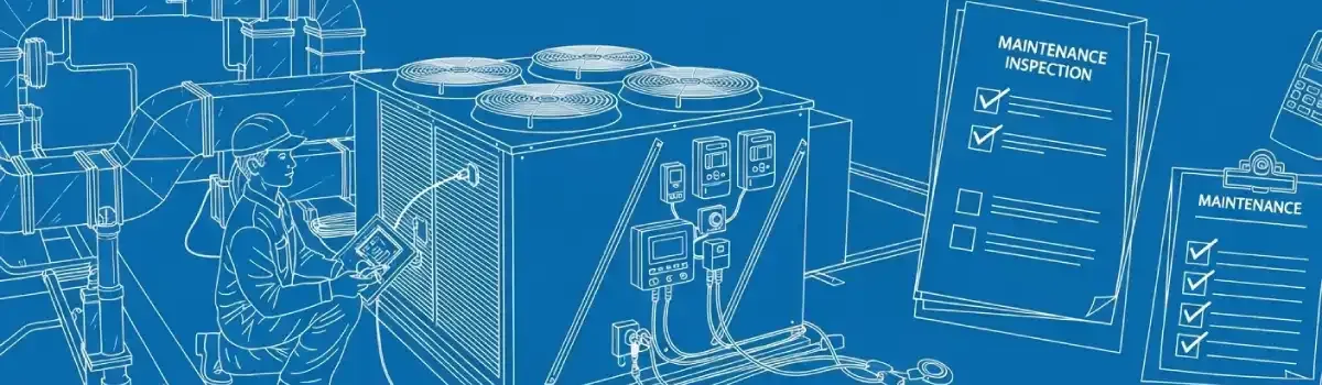 HVAC technician servicing commercial rooftop unit with diagnostic tools, ductwork, thermostats, and maintenance inspection checklist
