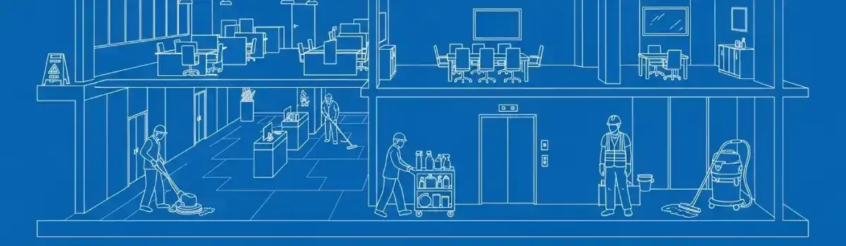 Professional janitorial crew cleaning commercial office building with industrial cleaning equipment, supplies, and safety protocols